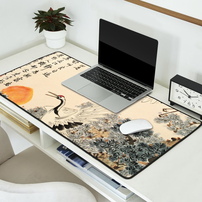 Traditional Asian Calligraphy Sunrise Cranes Painting Desk Mat Gallery Image 2