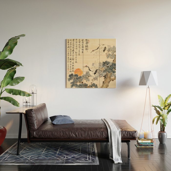 Traditional Asian Calligraphy Sunrise Cranes Painting Wood Wall Art Gallery Image 2
