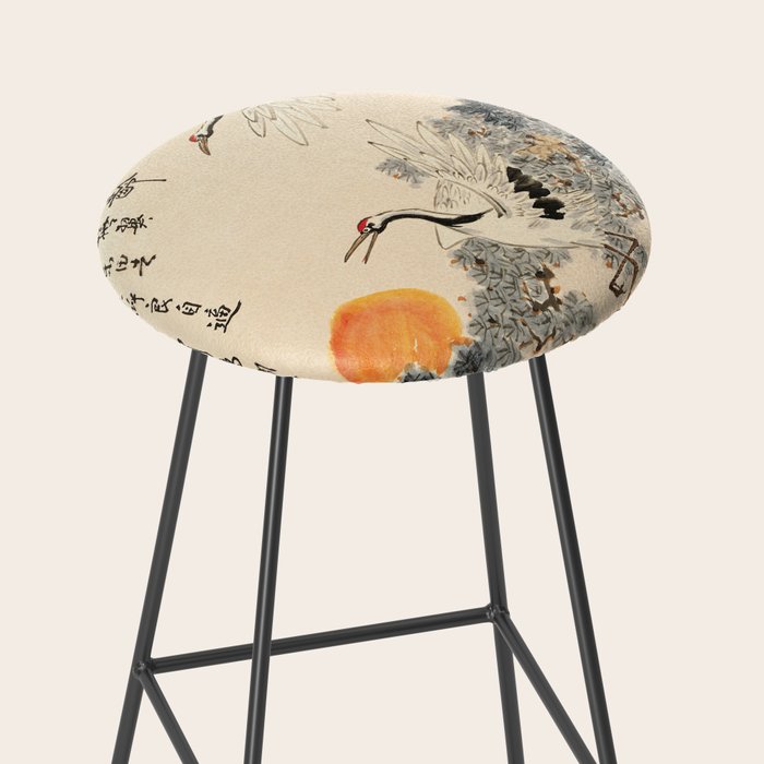 Traditional Asian Calligraphy Sunrise Cranes Painting Stool Gallery Image 2