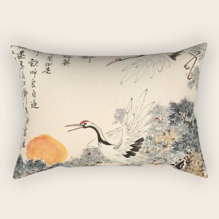 Traditional Asian Calligraphy Sunrise Cranes Painting Rectangular Pillow Gallery Image 2