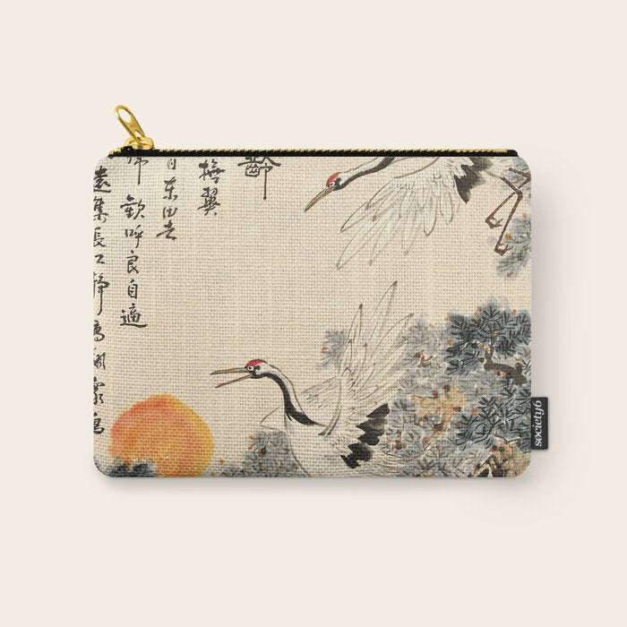 Traditional Asian Calligraphy Sunrise Cranes Painting Carry All Pouch Gallery Image 1