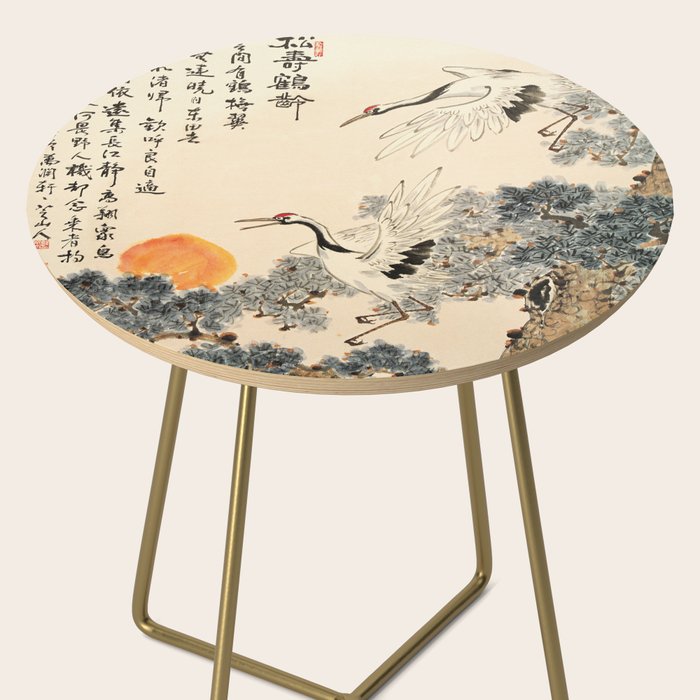 Traditional Asian Calligraphy Sunrise Cranes Painting Side Table Gallery Image 2