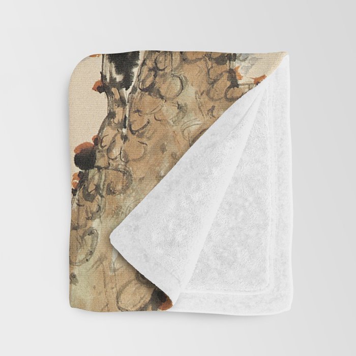 Traditional Asian Calligraphy Sunrise Cranes Painting Throw Blanket Gallery Image 3