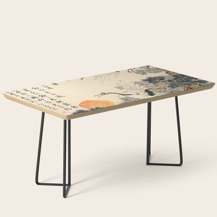 Traditional Asian Calligraphy Sunrise Cranes Painting Coffee Table Gallery Image 1