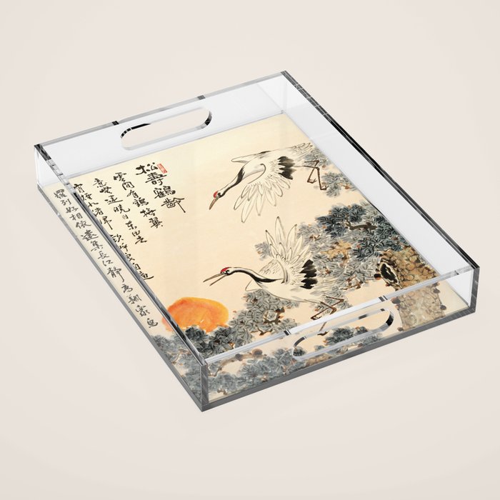 Traditional Asian Calligraphy Sunrise Cranes Painting Acrylic Tray Gallery Image 1