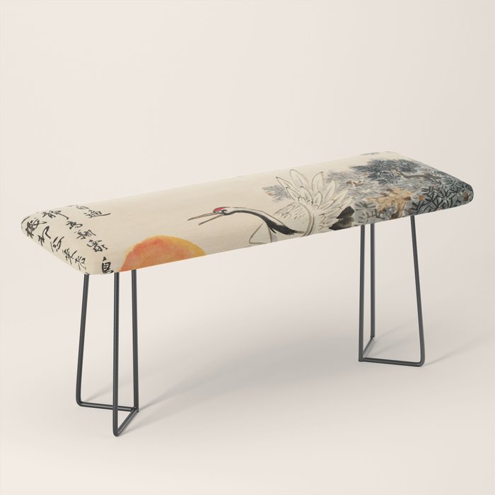 Traditional Asian Calligraphy Sunrise Cranes Painting Bench Gallery Image 1