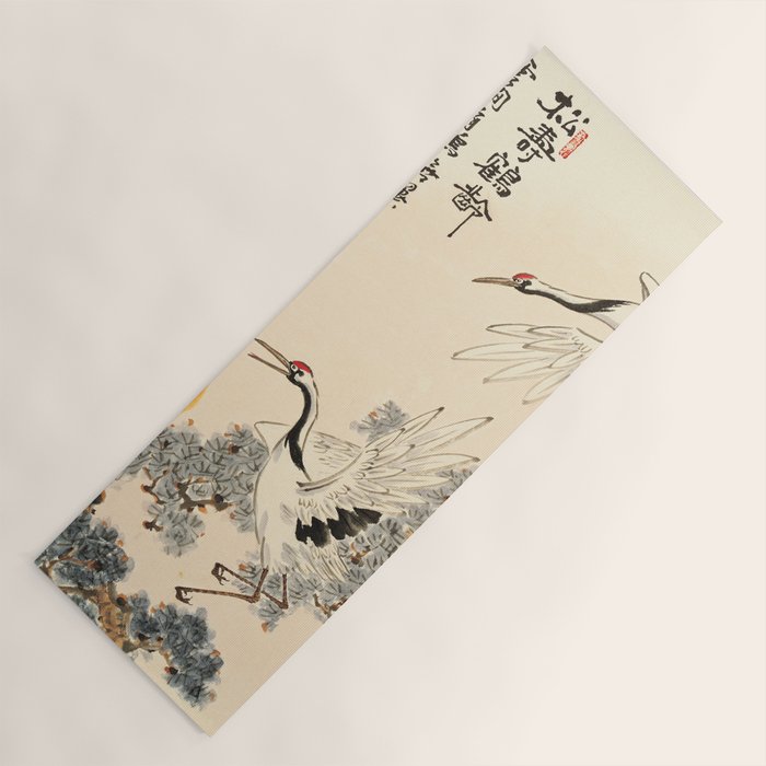 Traditional Asian Calligraphy Sunrise Cranes Painting Yoga Mat Gallery Image 1