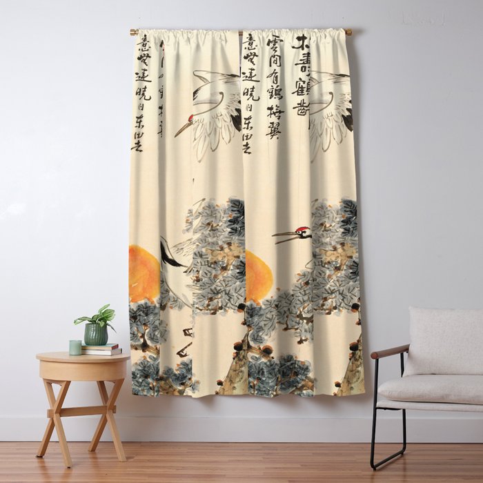 Traditional Asian Calligraphy Sunrise Cranes Painting Window Curtain Gallery Image 1