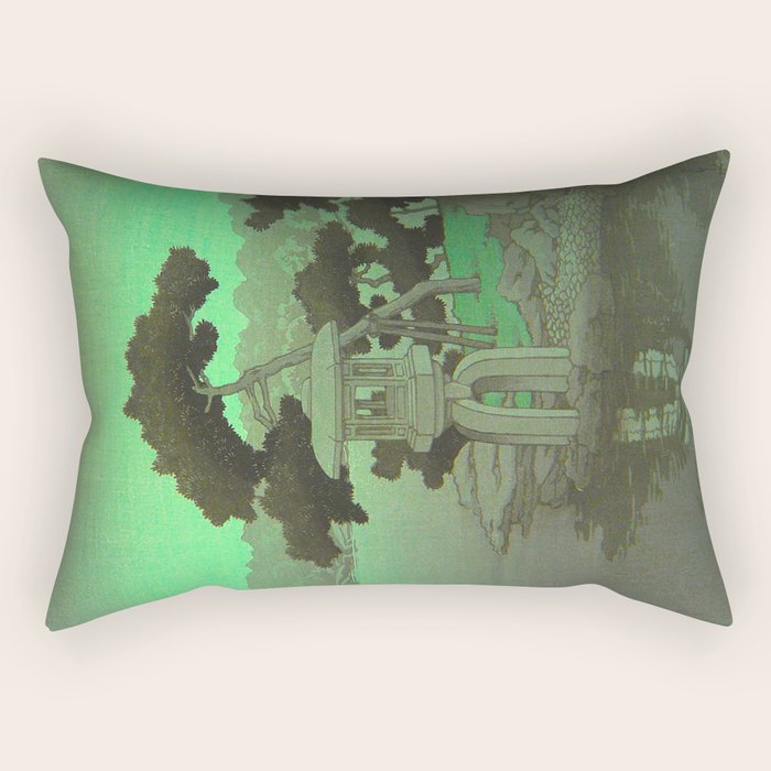 Kawase Hasui Vintage Japanese Woodblock Print Glowing Green Neon Sky Over A Zen Garden Shrine Rectangular Pillow Gallery Image 2