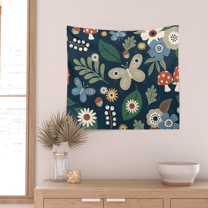 Woodland Forest Flowers - Navy Blue Wall Tapestry Gallery Image 2