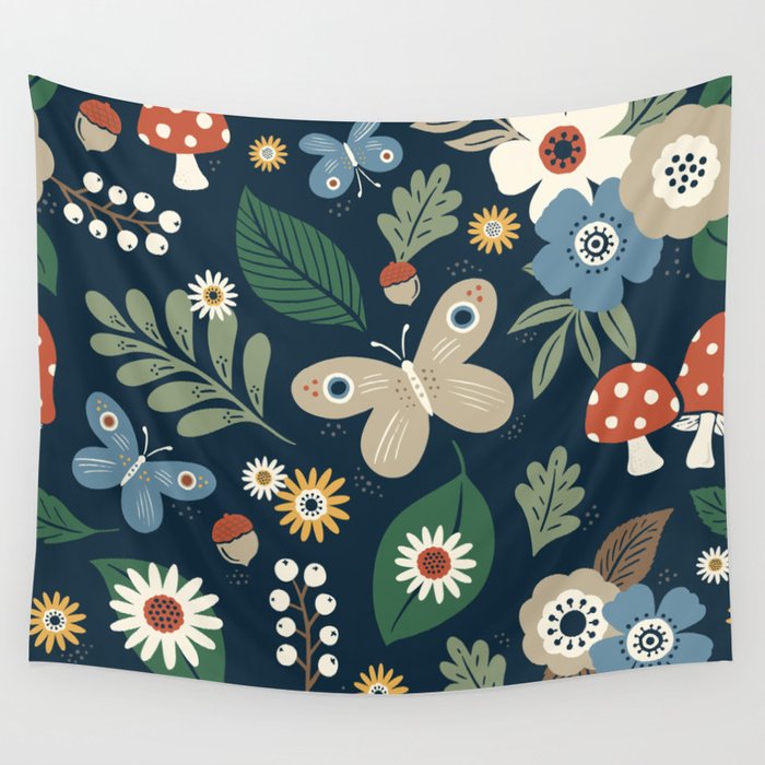 Woodland Forest Flowers - Navy Blue Wall Tapestry Gallery Image 4
