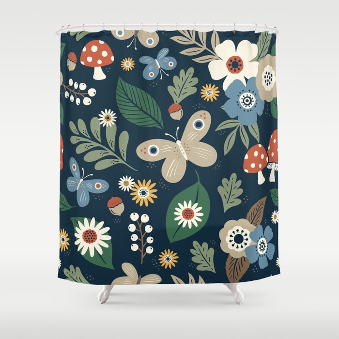 Woodland Forest Flowers - Navy Blue Shower Curtain Gallery Image 1