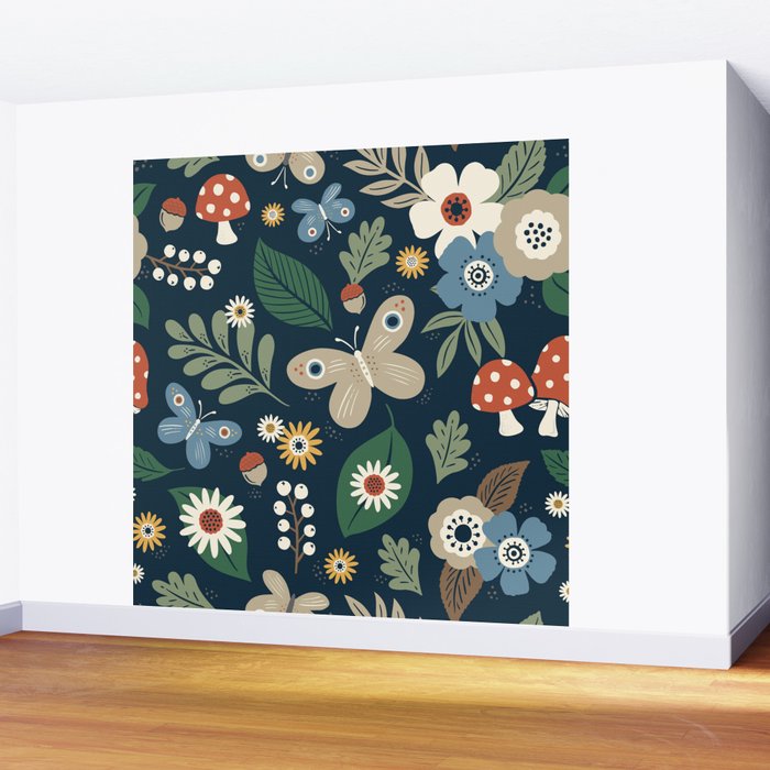 Woodland Forest Flowers - Navy Blue Wall Mural Gallery Image 2
