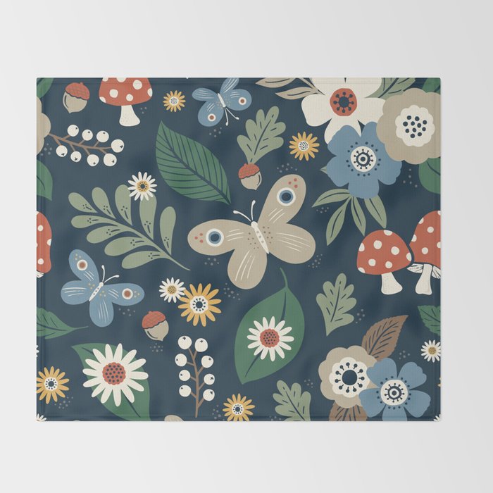 Woodland Forest Flowers - Navy Blue Throw Blanket Gallery Image 2