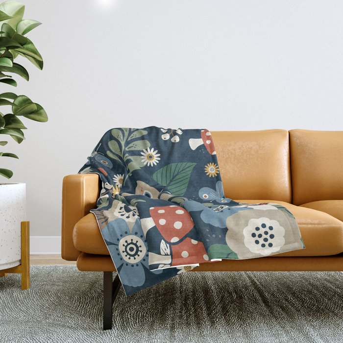 Woodland Forest Flowers - Navy Blue Throw Blanket Gallery Image 1