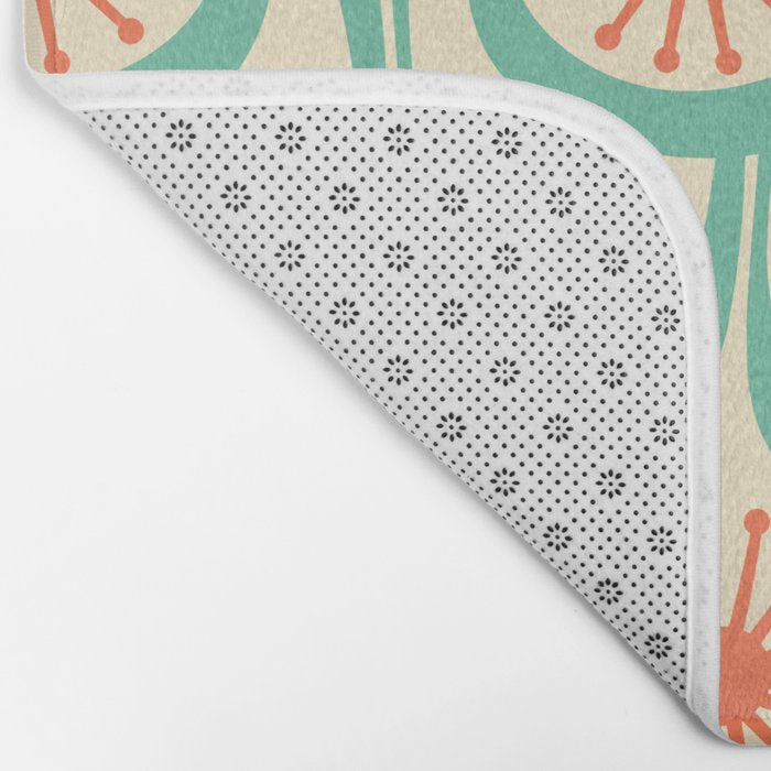 Mid Century Modern Atomic Drops Teal Orange Pattern Bath Mat Gallery Image 2