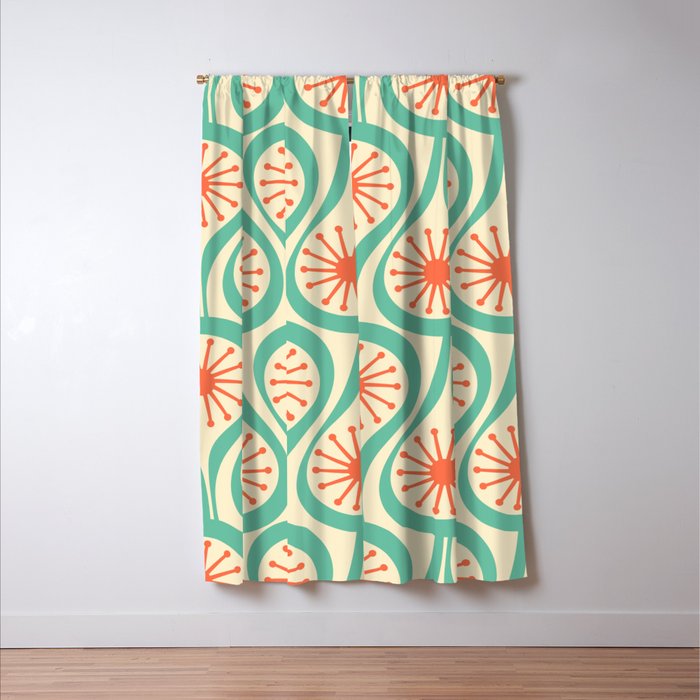 Mid Century Modern Atomic Drops Teal Orange Pattern Window Curtain Gallery Image 3