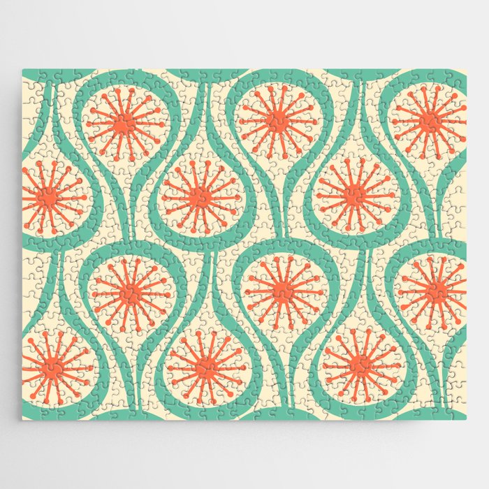 Mid Century Modern Atomic Drops Teal Orange Pattern Jigsaw Puzzle Gallery Image 1