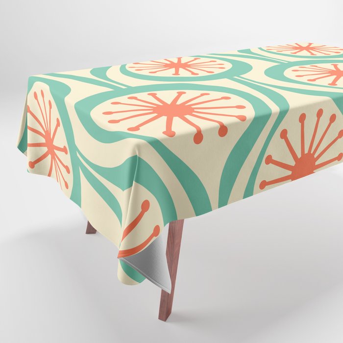 Mid Century Modern Atomic Drops Teal Orange Pattern Tablecloth Gallery Image 1
