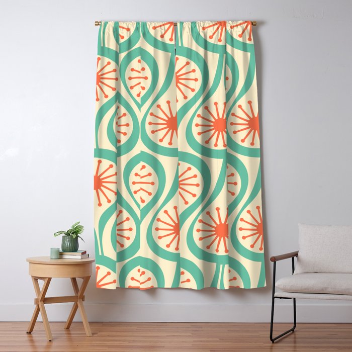 Mid Century Modern Atomic Drops Teal Orange Pattern Window Curtain Gallery Image 5
