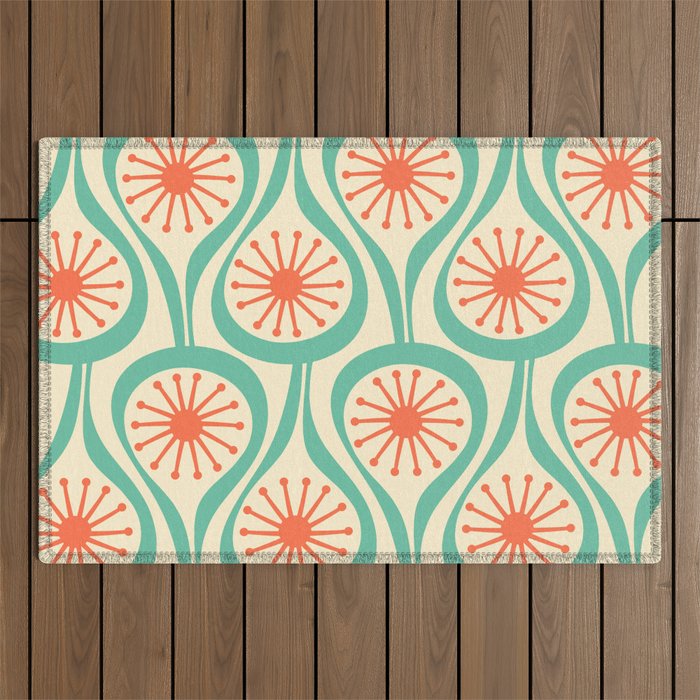 Mid Century Modern Atomic Drops Teal Orange Pattern Outdoor Rug Gallery Image 1