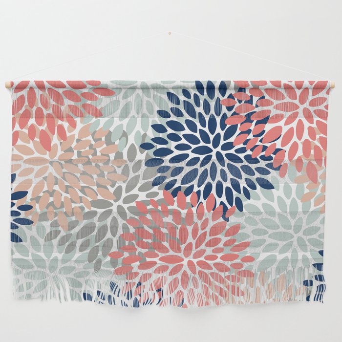 Festive, Flowers Print, Blue, Coral, Aqua, Gray Wall Hanging Gallery Image 1