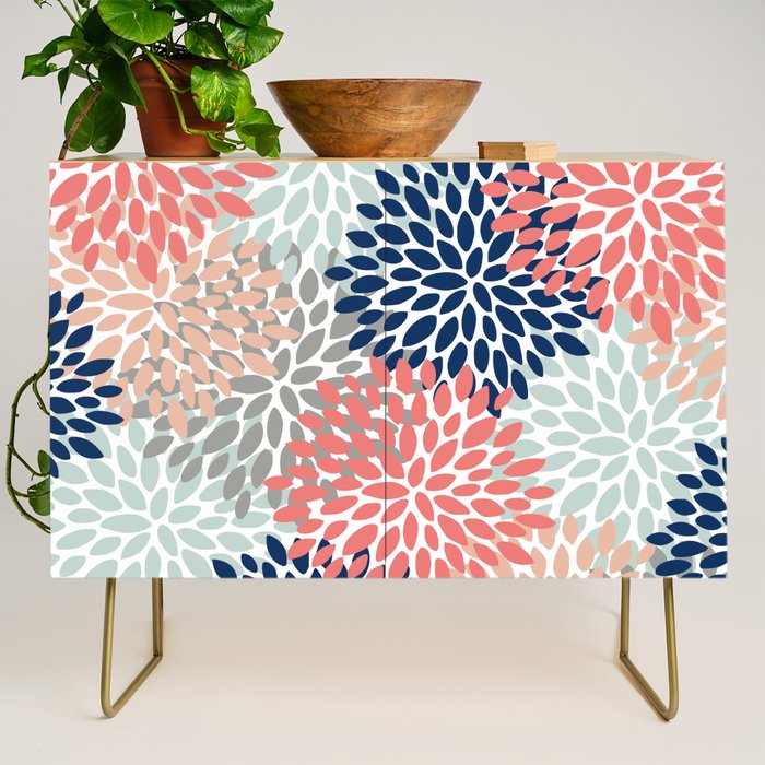 Festive, Flowers Print, Blue, Coral, Aqua, Gray Credenza Gallery Image 1