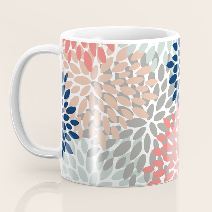 Festive, Flowers Print, Blue, Coral, Aqua, Gray Coffee Mug Gallery Image 3