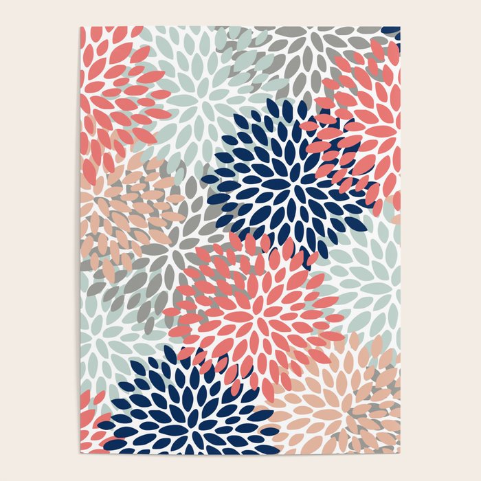 Festive, Flowers Print, Blue, Coral, Aqua, Gray Poster Gallery Image 1