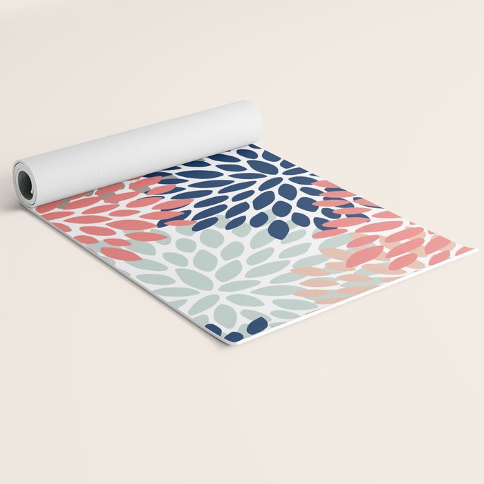 Festive, Flowers Print, Blue, Coral, Aqua, Gray Yoga Mat Gallery Image 2