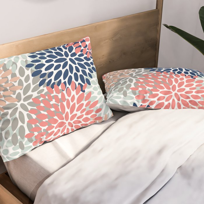 Festive, Flowers Print, Blue, Coral, Aqua, Gray Pillow Sham Gallery Image 2