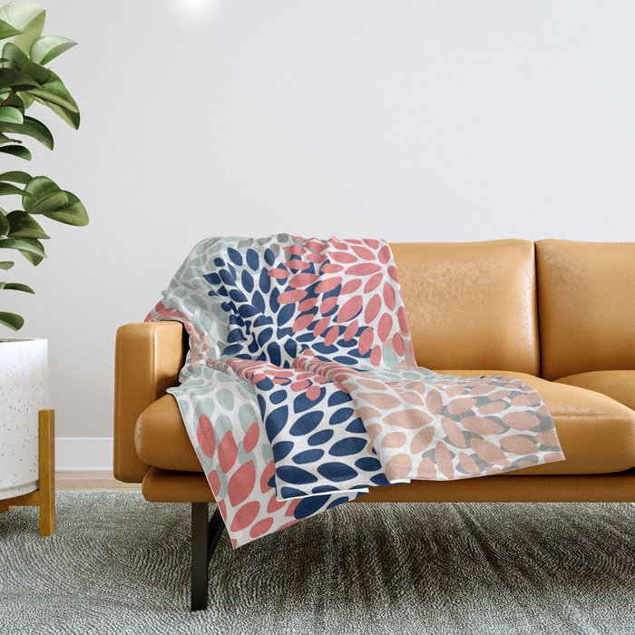 Festive, Flowers Print, Blue, Coral, Aqua, Gray Throw Blanket Gallery Image 1