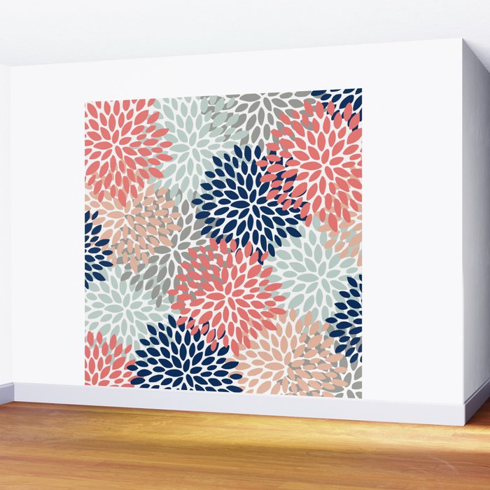 Festive, Flowers Print, Blue, Coral, Aqua, Gray Wall Mural Gallery Image 2