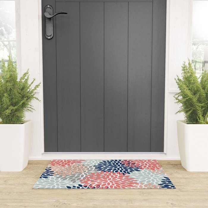 Festive, Flowers Print, Blue, Coral, Aqua, Gray Welcome Mat Gallery Image 3