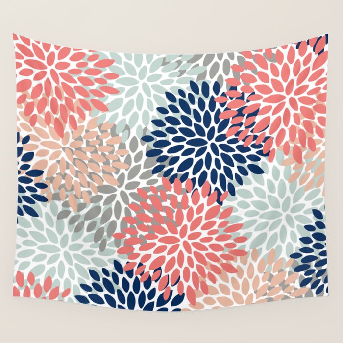 Festive, Flowers Print, Blue, Coral, Aqua, Gray Wall Tapestry Gallery Image 4
