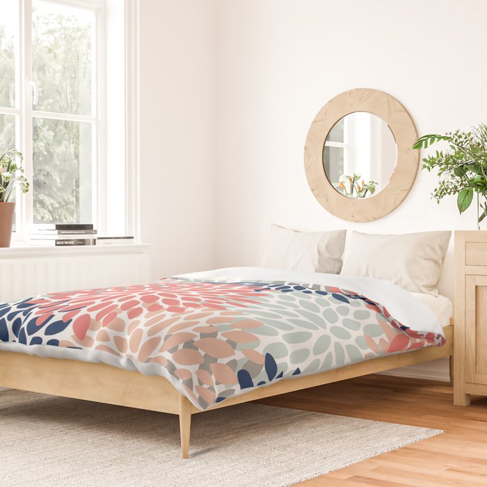 Festive, Flowers Print, Blue, Coral, Aqua, Gray Duvet Cover Gallery Image 2