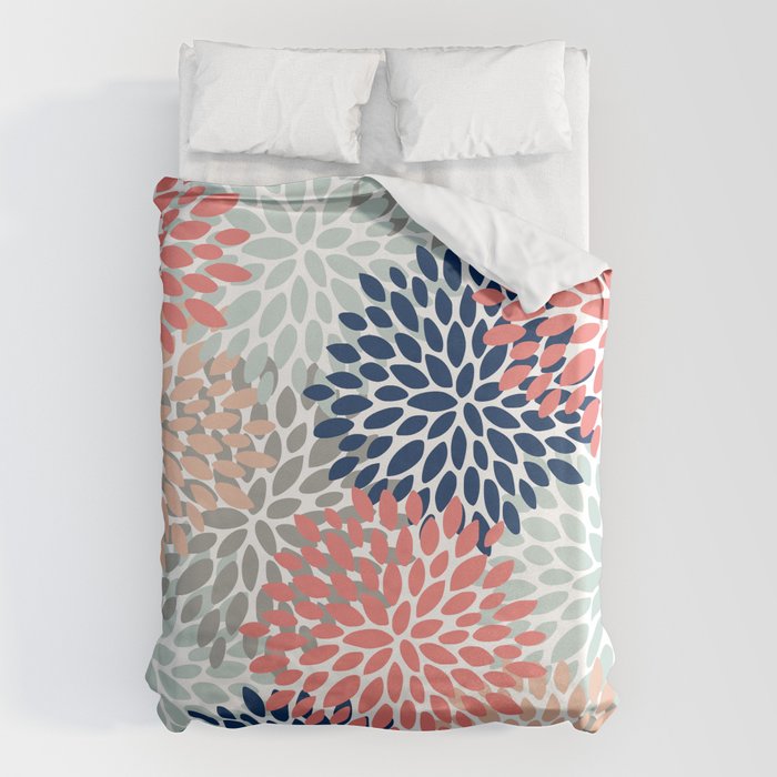 Festive, Flowers Print, Blue, Coral, Aqua, Gray Duvet Cover Gallery Image 1