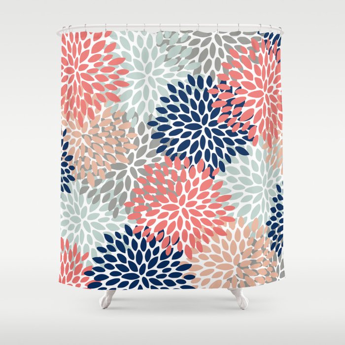 Festive, Flowers Print, Blue, Coral, Aqua, Gray Shower Curtain Gallery Image 1