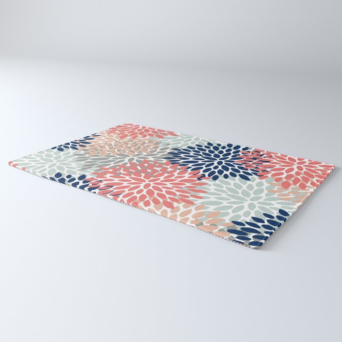 Festive, Flowers Print, Blue, Coral, Aqua, Gray Rug Gallery Image 3