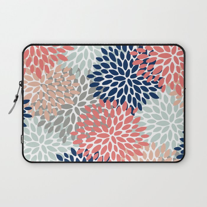 Festive, Flowers Print, Blue, Coral, Aqua, Gray Laptop Sleeve Gallery Image 1