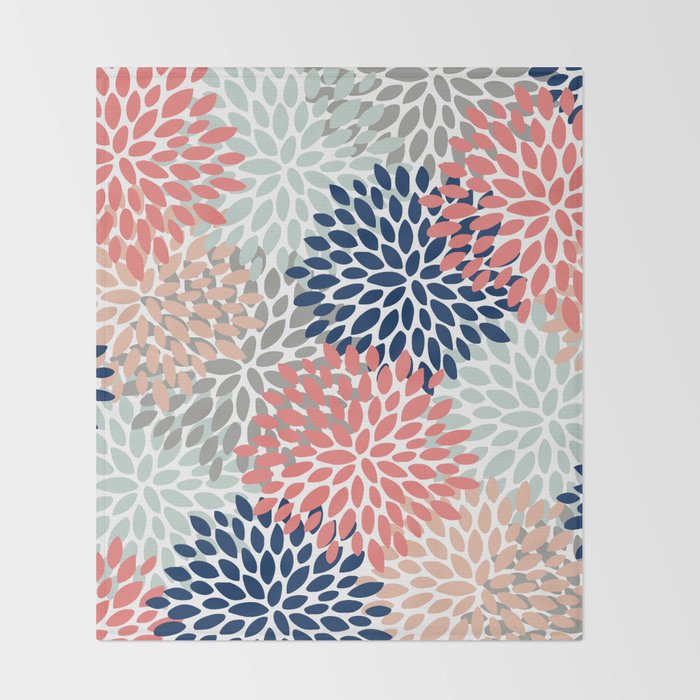 Festive, Flowers Print, Blue, Coral, Aqua, Gray Throw Blanket Gallery Image 2