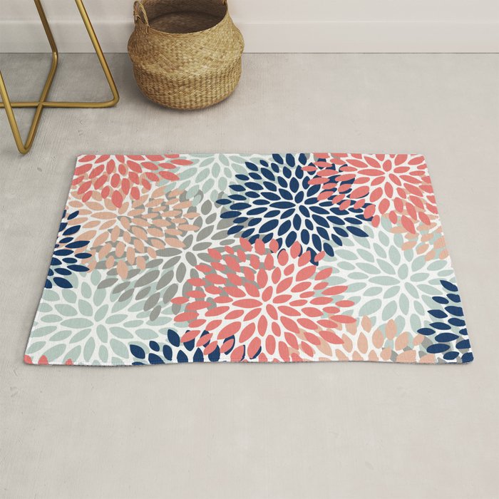 Festive, Flowers Print, Blue, Coral, Aqua, Gray Rug Gallery Image 1