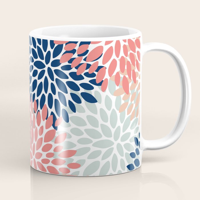 Festive, Flowers Print, Blue, Coral, Aqua, Gray Coffee Mug Gallery Image 1