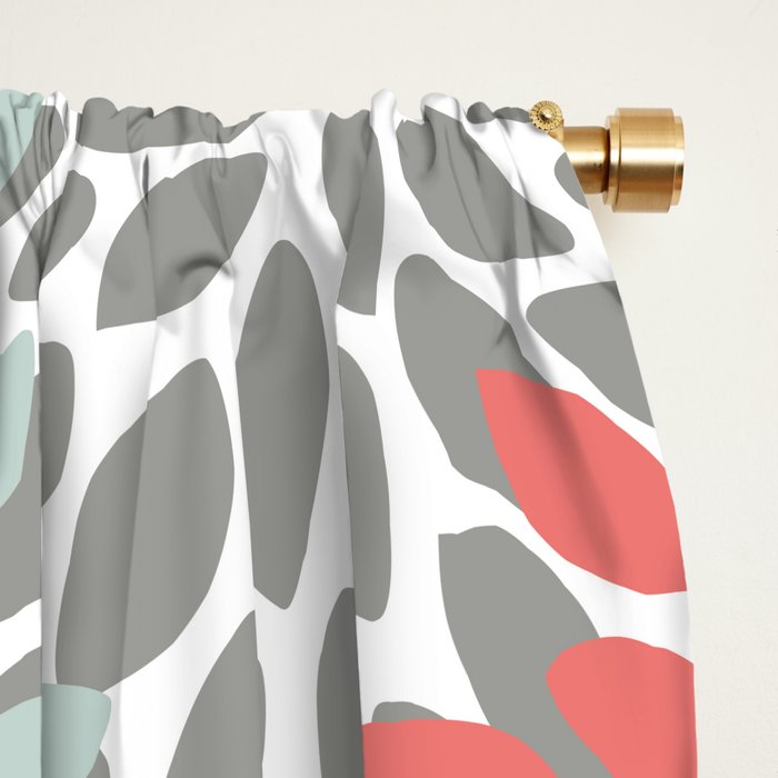 Festive, Flowers Print, Blue, Coral, Aqua, Gray Window Curtain Gallery Image 2