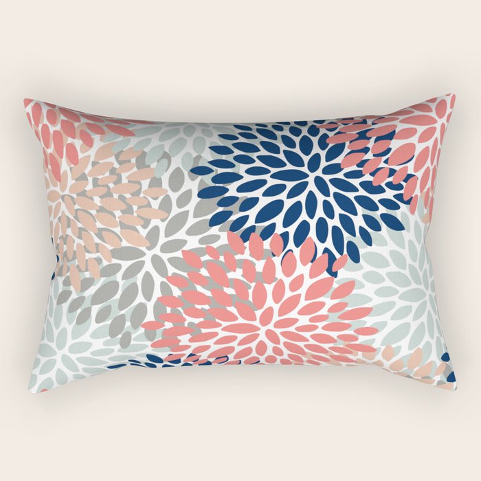 Festive, Flowers Print, Blue, Coral, Aqua, Gray Rectangular Pillow Gallery Image 2