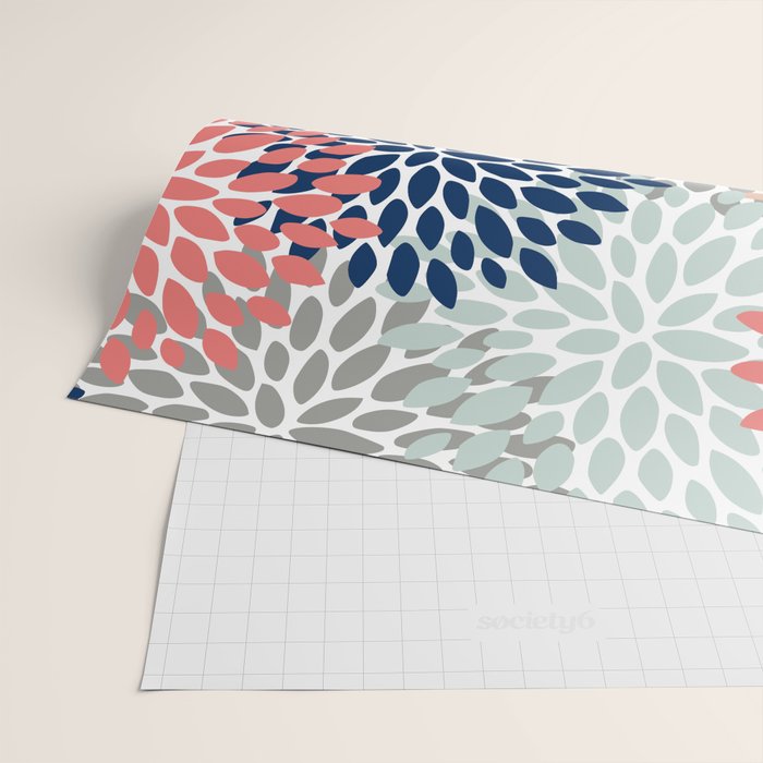 Festive, Flowers Print, Blue, Coral, Aqua, Gray Wrapping Paper Gallery Image 2