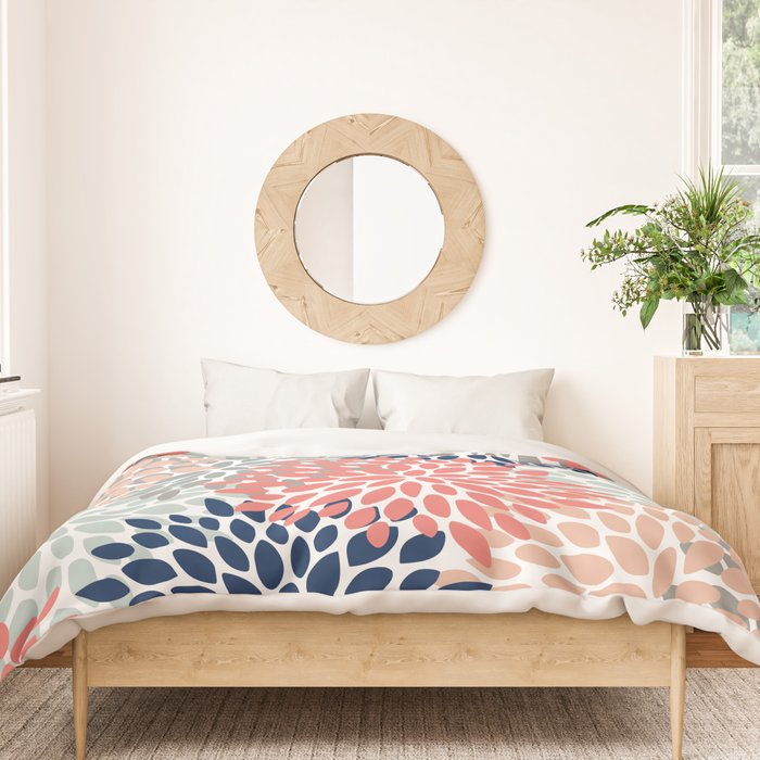 Festive, Flowers Print, Blue, Coral, Aqua, Gray Duvet Cover Gallery Image 3