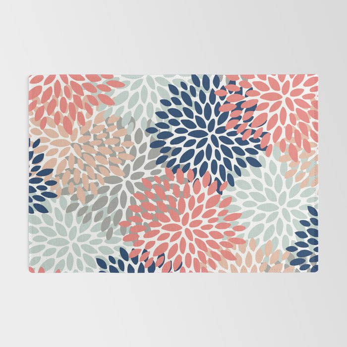 Festive, Flowers Print, Blue, Coral, Aqua, Gray Rug Gallery Image 2