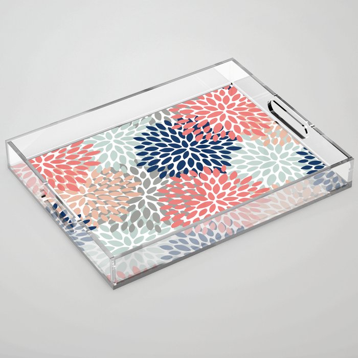 Festive, Flowers Print, Blue, Coral, Aqua, Gray Acrylic Tray Gallery Image 1