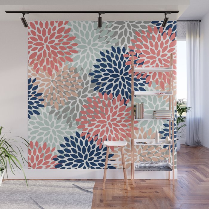 Festive, Flowers Print, Blue, Coral, Aqua, Gray Wall Mural Gallery Image 1